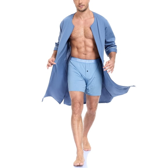 EA'S SECRET Mens Robes 100% Cotton Kimono House Coat Summer Zipper Short Bathrobes Soft Sleepwear with Pockets(Blue,L)