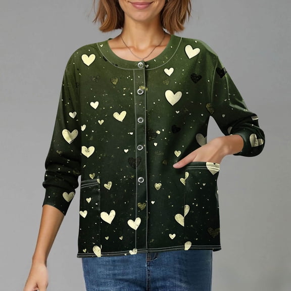 Valentine's Day Womens Scrubs Jacket Funny Love Heart Printed Snap Front Long Sleeve Working Jacket Nurse Uniforms Workwear Shirts with Pockets