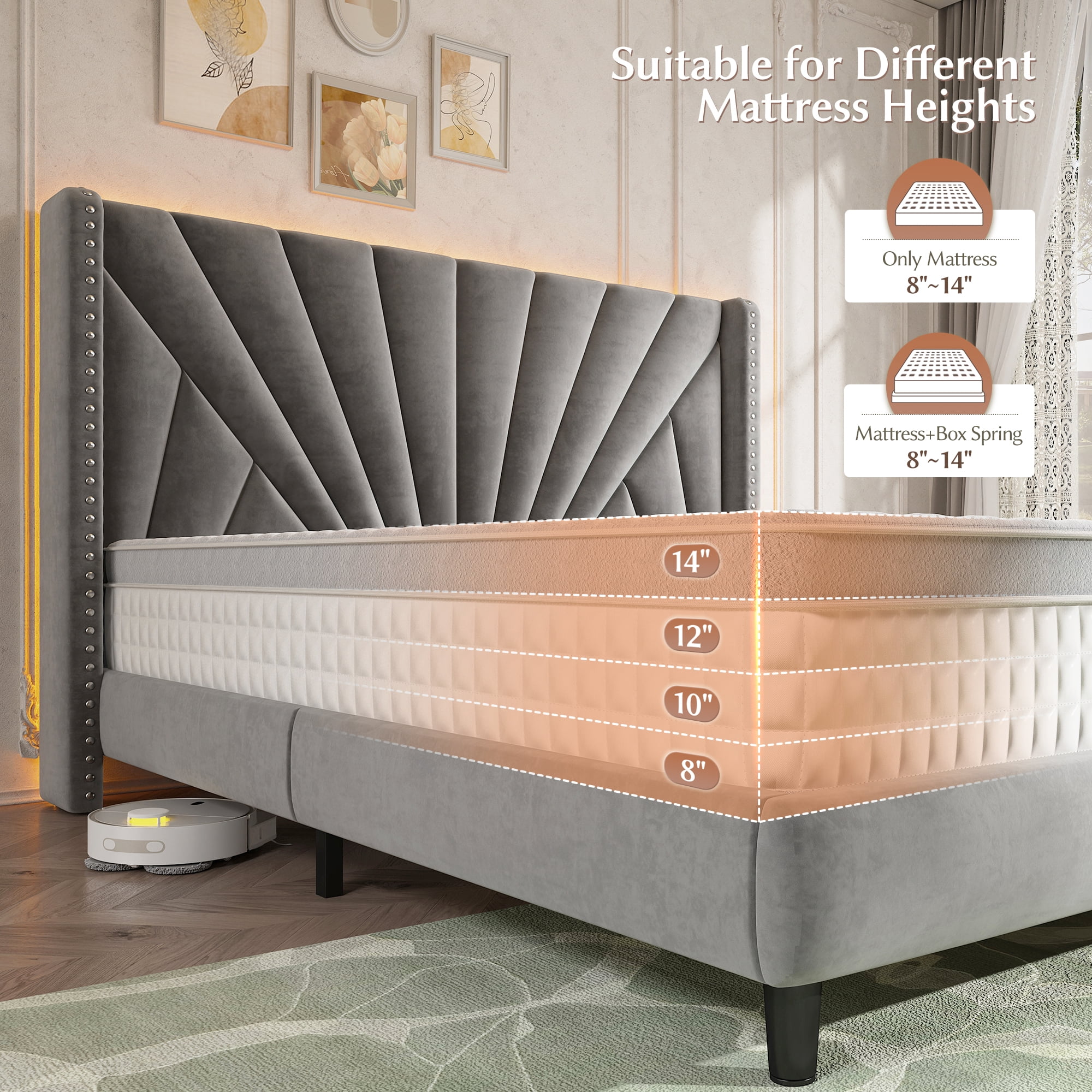 EnHomee Queen Bed Frame with 51"Tall Headboard Upholstered Bed Frame Queen Size with LED Lights & Charge Station, Gray, No Box Spring Needed, Noise Free