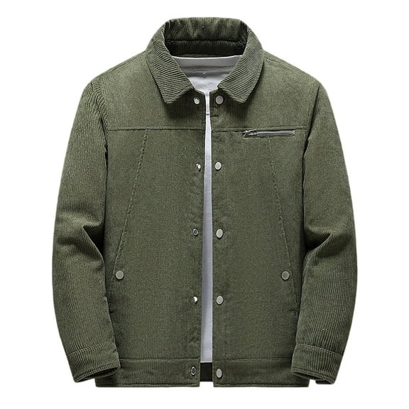 MELDVDIB Mens Button-Up Corduroy Fleece Jacket Lapel Solid Color Coat Fall Winter Long Sleeve Travel Lounge Outwear Tops Army Green L