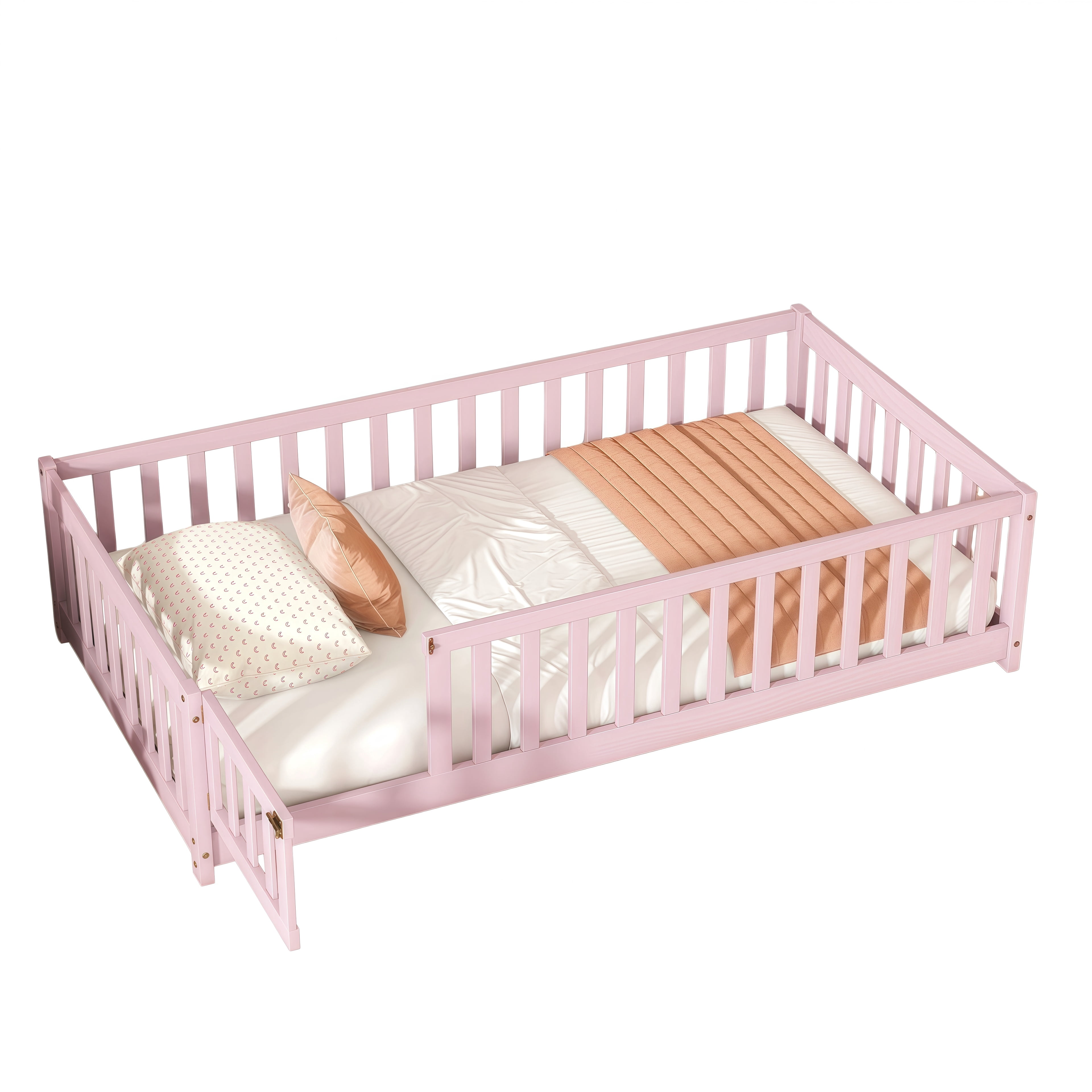 Twin Size Floor Bed with Fence and Door,Rubber Wood Floor Bed with Safety Guardrails,Pink