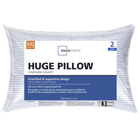 Mainstays Huge Overfilled Bed Pillow, Standard/Queen, 2-Pack