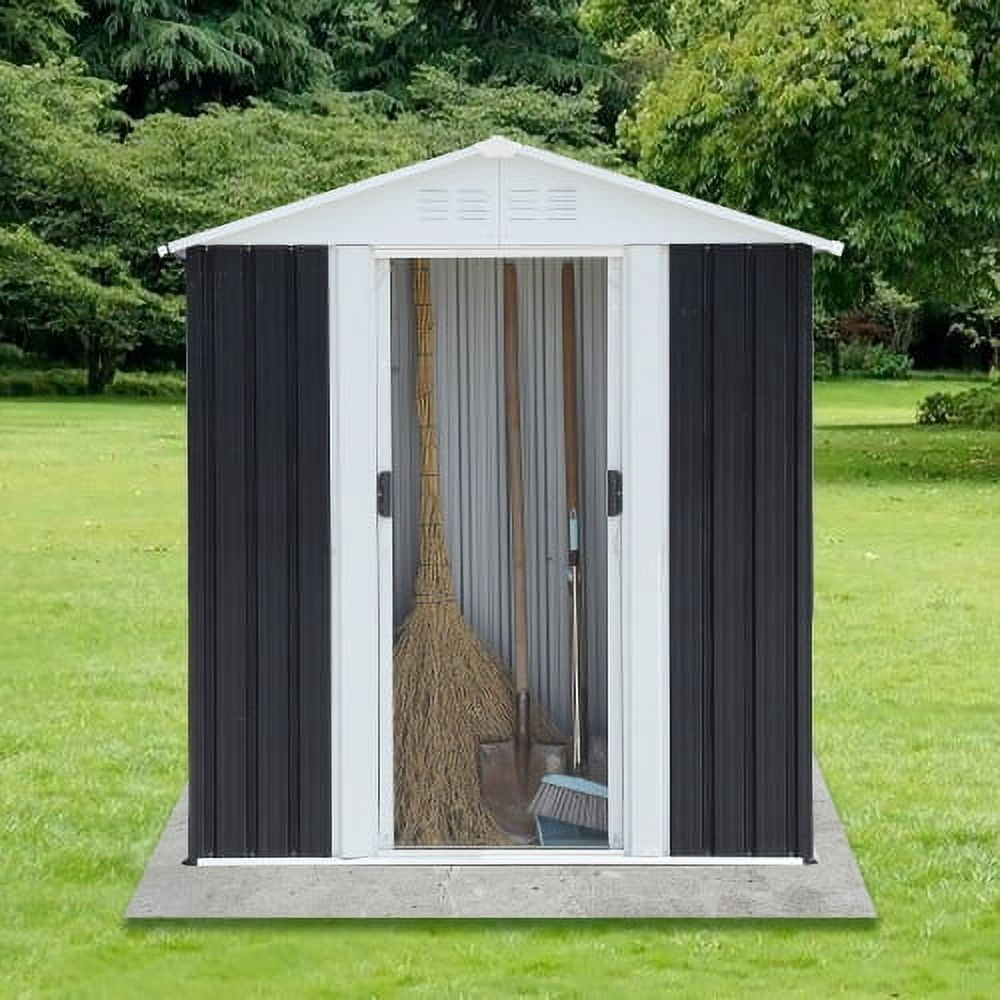 Mintazer 5x3 ft Apex Roof Outdoor Metal Storage Shed with & Lockable Sliding Double Doors, Ventilated Galvanized Steel Garden Tool Storage House for Backyard Patio Lawn, Black & White