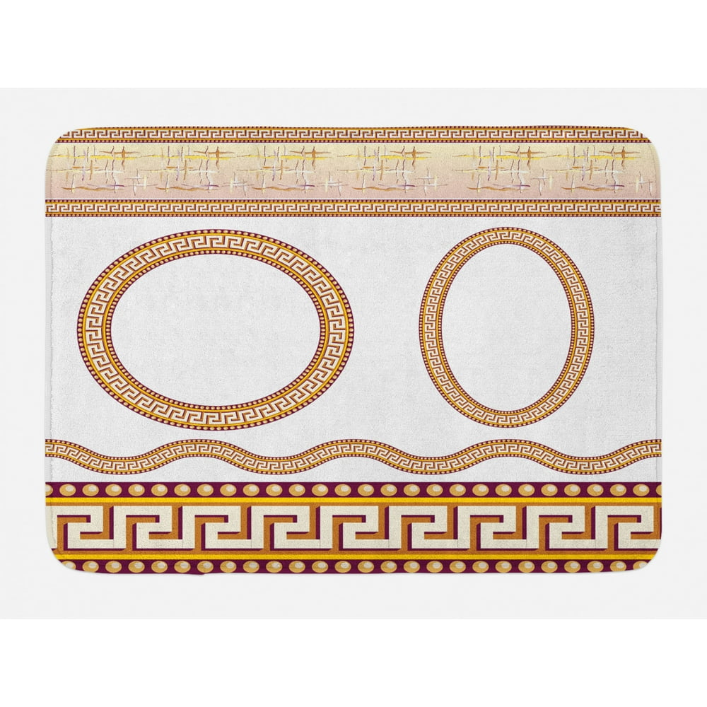 Greek Key Bath Mat, Ancient Fret Pattern in Oval and Circle Shapes Wavy