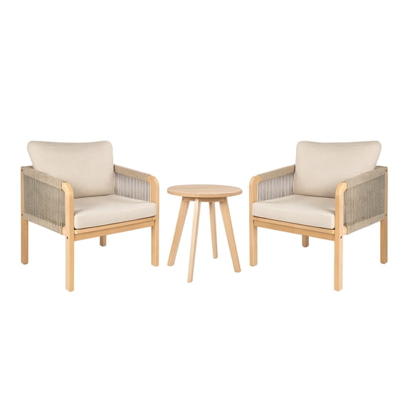 Aveiro Coastal 3-Piece Acacia Wood Outdoor Patio Conversation Set, Rope Woven Armchairs with Beige Cushions and Light Teak Round Side Table