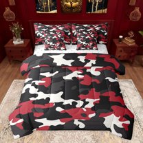 jejeloiu Vintage Camo Pattern 7-Piece Twin Bedding Sets,Camouflage Hunting Bedding Comforter Set,Red Black White Sheet Sets For Boys Kids,Luxury Bedroom Decor Reversible