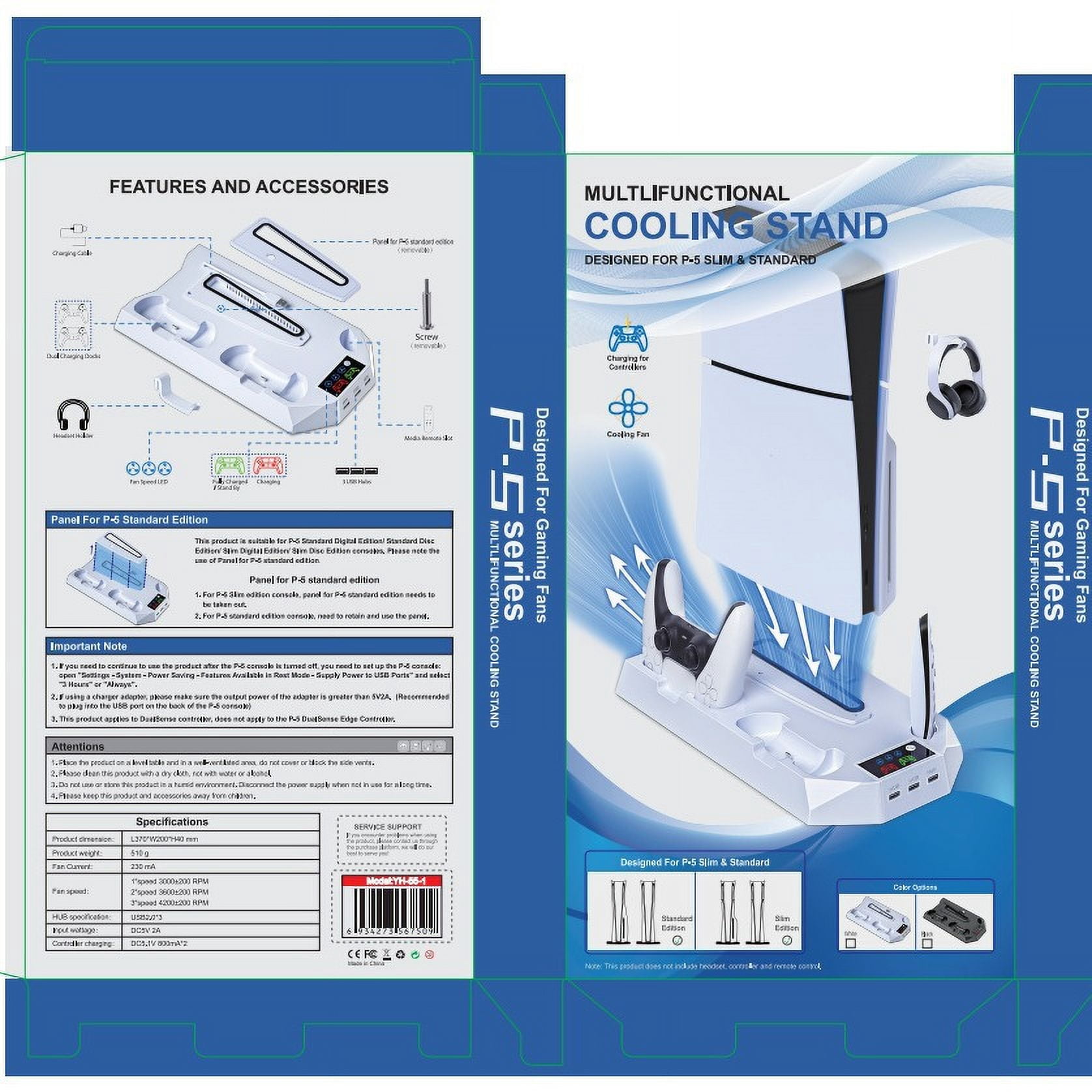 Cooling Station for PS5 & PS5 Slim Console Disc/Digital Edition, Stand Compatible with PlayStation 5, Charging Station with Dual Controller Charger, 3 Levels Cooling Fan, 3 USB Hubs & Headset Holder