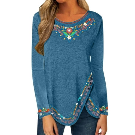 

HSMQHJWE Womens Athletic Shirts Women Short Sleeve Tee Shirts Women Fashion Loose Round Neck Long Sleeve Ethnic Print Irregular Hem Top Solid Long Sleeve Pajama Tops