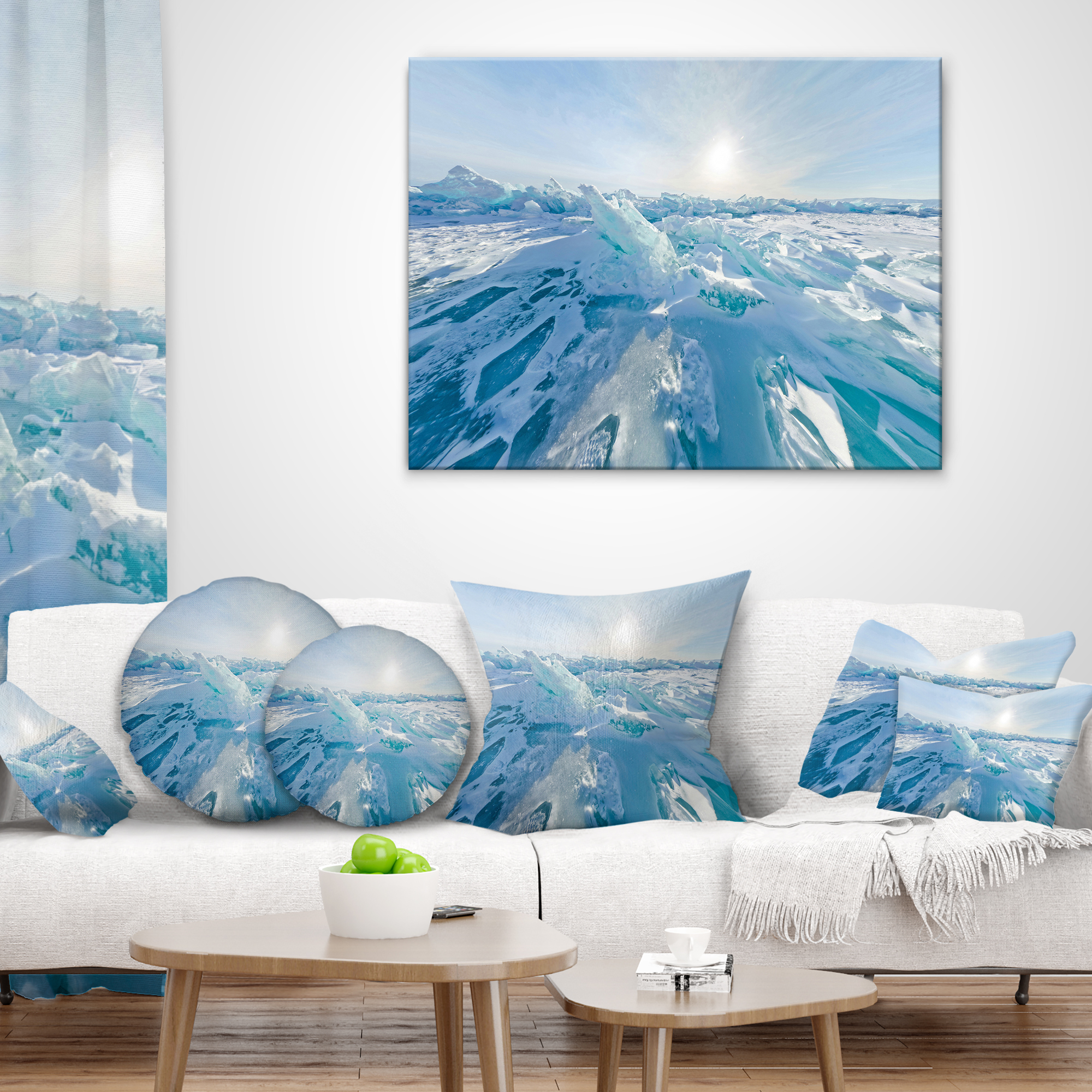 Designart Blue Ice Hummocks Baikal Panorama - Landscape Printed Throw Pillow - 16x16