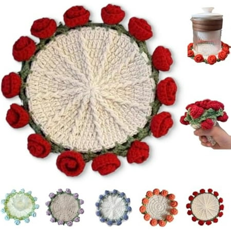 

Crochet Flower Blanket Coasters Handmade Vintage Crochet Flower Rose Bouquet Finished Product Funny Rose Bouquet Blanket Coasters for Home Decor (Red Rose)
