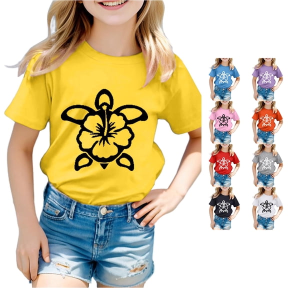 Trendfront Girls Sea Turtle Hibiscus Flower T Shirt Minimalist Tropical Print Crewneck Short Sleeve Tee Ocean Beach Vacation Clothes Surfing Summer Top