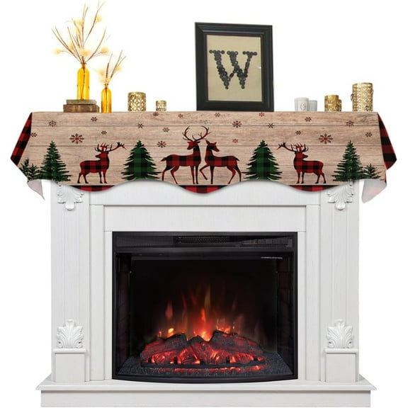 Christmas Fireplace Scarf 78 x 17 Inch, Red Black Checkered Elk Fireplace Mantel Scarf Mantel Cover Runner for Xmas Home Living Room Indoor Holiday Party Decor
