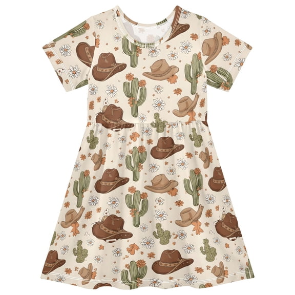 joogoo Cactus Cowboy Hat Girls' Short Sleeve Dress Kids Dresses 5-6T