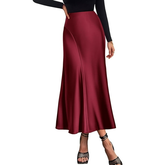 Womens Skirt Cute Skirts for Teens Women's Satin Midi Skirts 2024 Summer High Waisted A Line Elegant Cocktail Party Long Adult Female Clothes Wine Size L