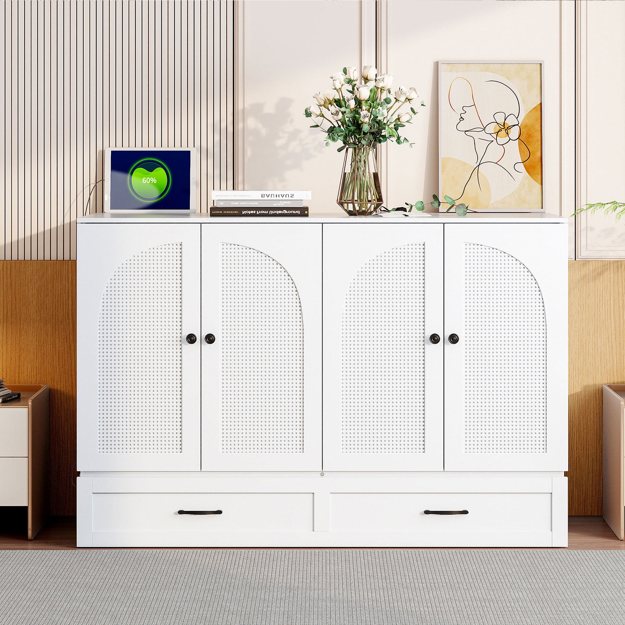 Harper & Bright Designs Rattan Full Size Murphy Bed, Wooden Full Murphy Bed Frame with Large Drawers, Folding Wall Chest Cabinet Bed for Guest Room, White