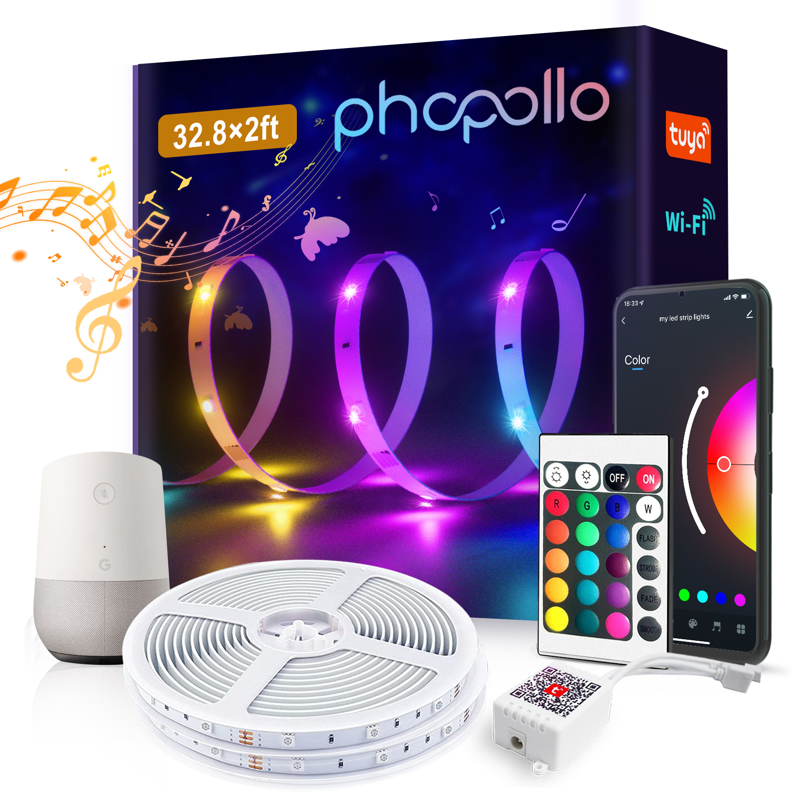 Phopollo Wifi LED Strip Lights 65.6ft for Bedroom, Color Changing Led