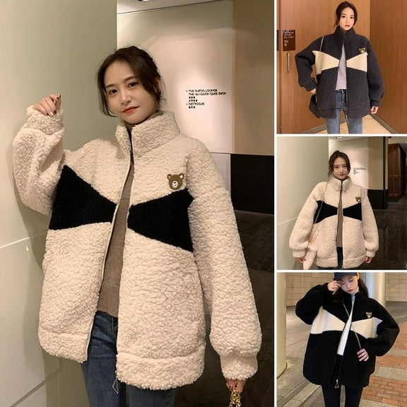 Women Winter Coat Long Sleeves Stand Collar Neck Protection Color Block Imitation Lamb Wool Keep Warm Zipper Plush Thicken Lady Coat for Daily Wear