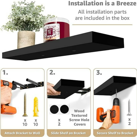 Floating Shelves for Wall - 24 Inch Wall Shelves for Bedroom, Kitchen Dr, Bathroom Shelves - 3 Black Floating Shelves for Wall Dr, Books, Storage - Wall Mounted with Invisible Brackets