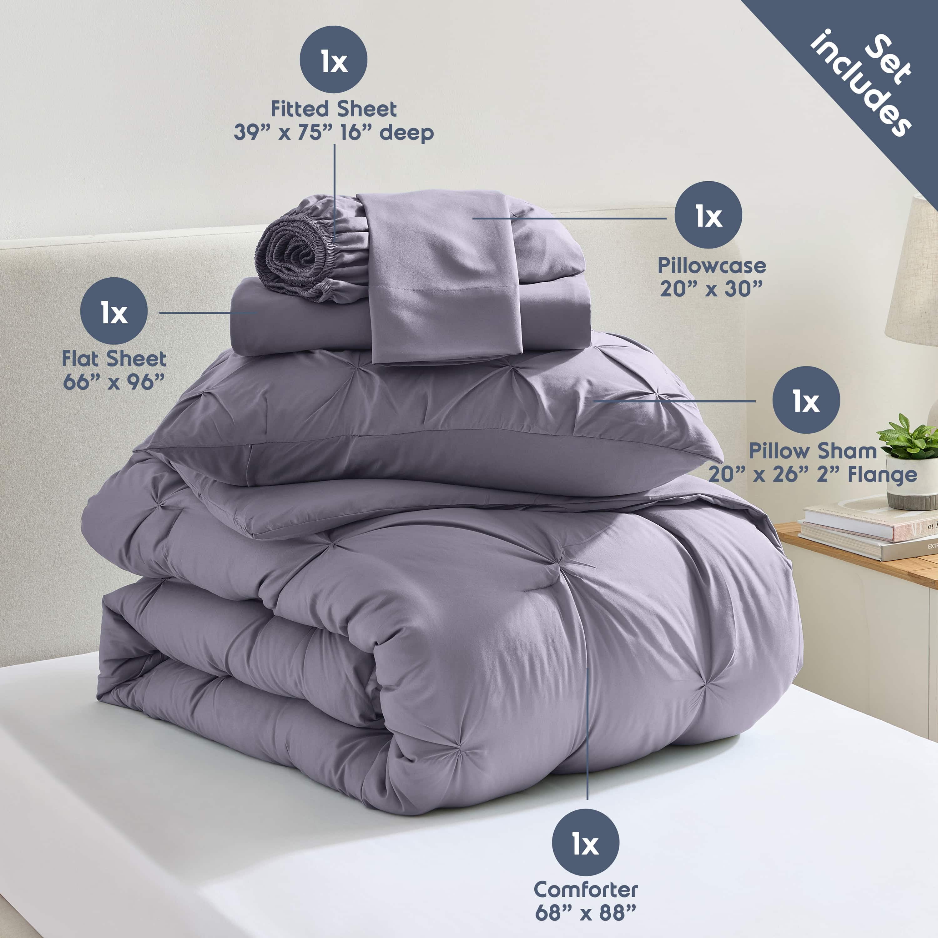 LammaLoe Twin Comforter Sets, 5 Piece Bed In A Bag Pintuck Bedding Sets, Dusty Purple