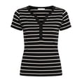 thumbnail image 4 of ZHOGXU Womens Summer T Shirt Short Sleeve V Neck Button Front Striped Print Lightweight Stylish Slim Fit Tee Top For Everyday Wear,Black,L, 4 of 4