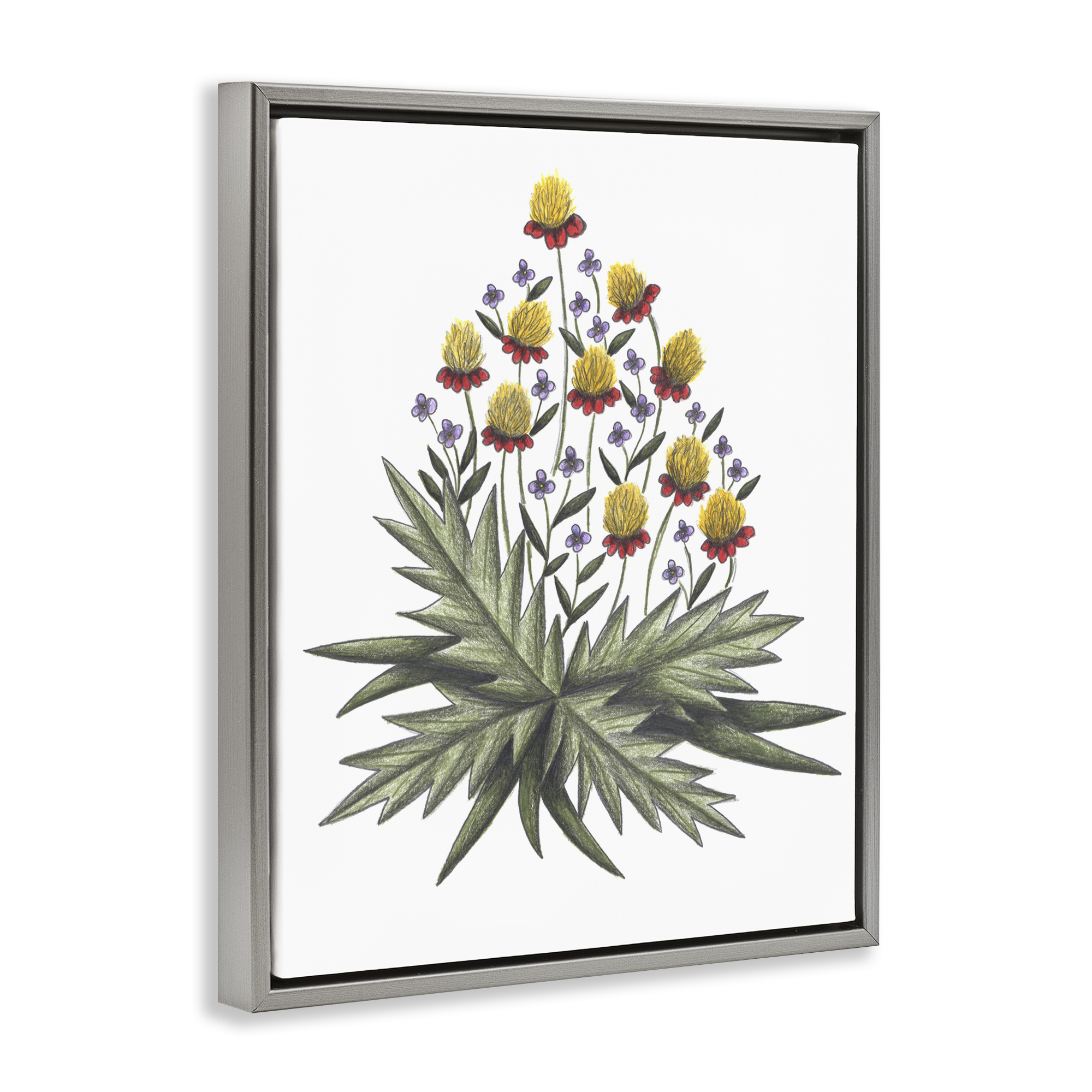 Yellow Leafy Wild Flowers Gray Framed Floater Canvas Wall Art, design by Cecilia Battaini