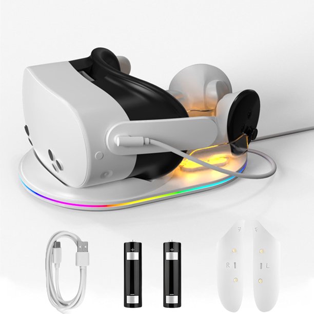 Base de carga para Meta Quest 3S, correa para la cabeza VR y mando Carga rápida con 2 pilas recargables de 1800 mAh, iluminación RGB, soporte de carga magnético VR