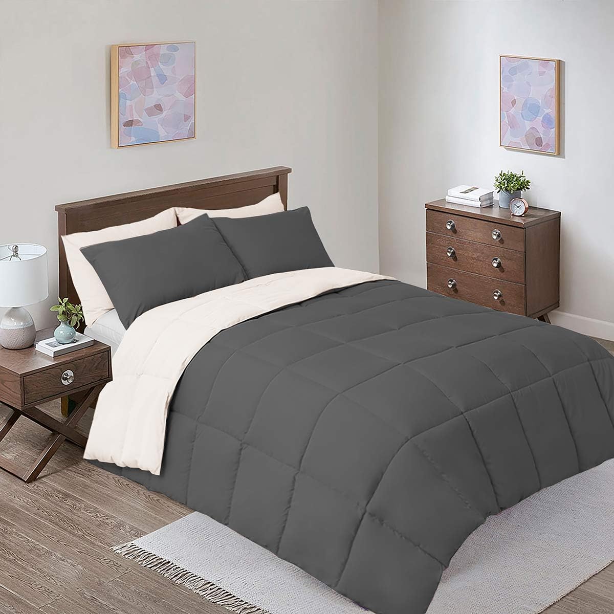 Sheetsnthings Reversible Down Alternative Comforter, Medium Warmth (41-Ounces of Fill) Oversized Queen Blanket, Charcoal-Cream