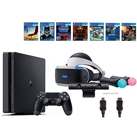 PlayStation VR Start Bundle 10 Items:VR Start Bundle,Sony PS4 Slim 1TB Console - Jet Black,7 VR Game Disc Until Dawn:Rush of Blood, EVE:Valkyrie,Battlezone,Batman:Arkham VR, DriveClub,Eagle