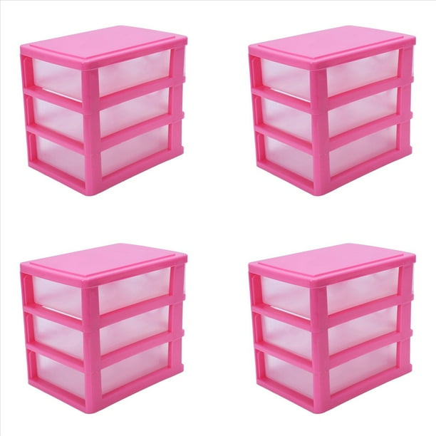 4X Mini Caja de Almacenamiento de Plástico Tipo Cajón Translúcido (Rosa Rojo 3 )