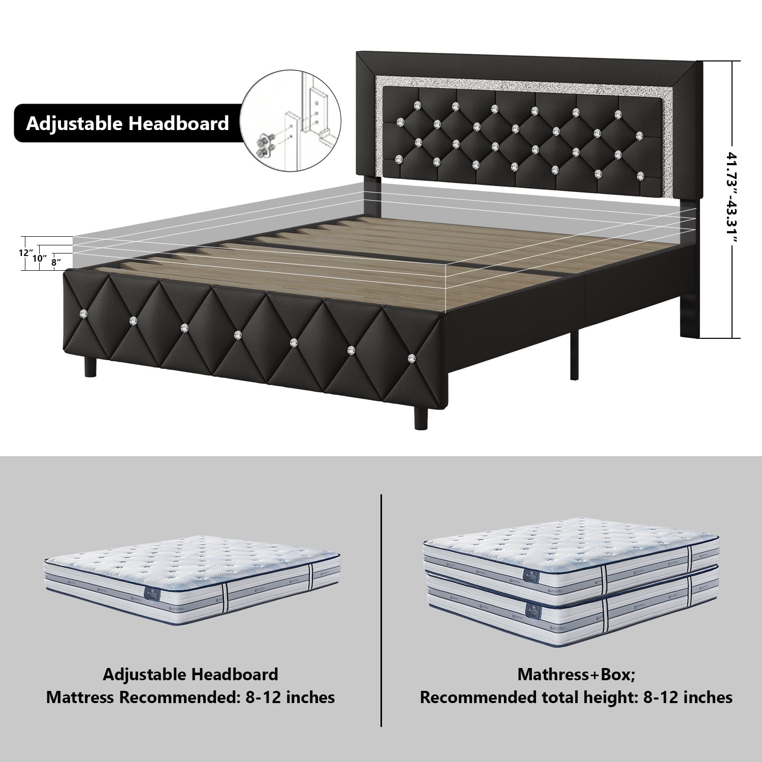 4 EVER WINNER King Bed Frame, Upholstered Platform Bed Frame with Headboard and Footboard, Diamond Headboard and Footboard Design, Black