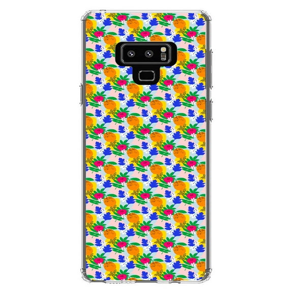 DistinctInk Clear Shockproof Hybrid Case for Samsung Galaxy Note 9 - TPU Bumper, Acrylic Back, Tempered Glass Screen Protector - Summer Vibes Floral Pattern Orange Blue Yellow
