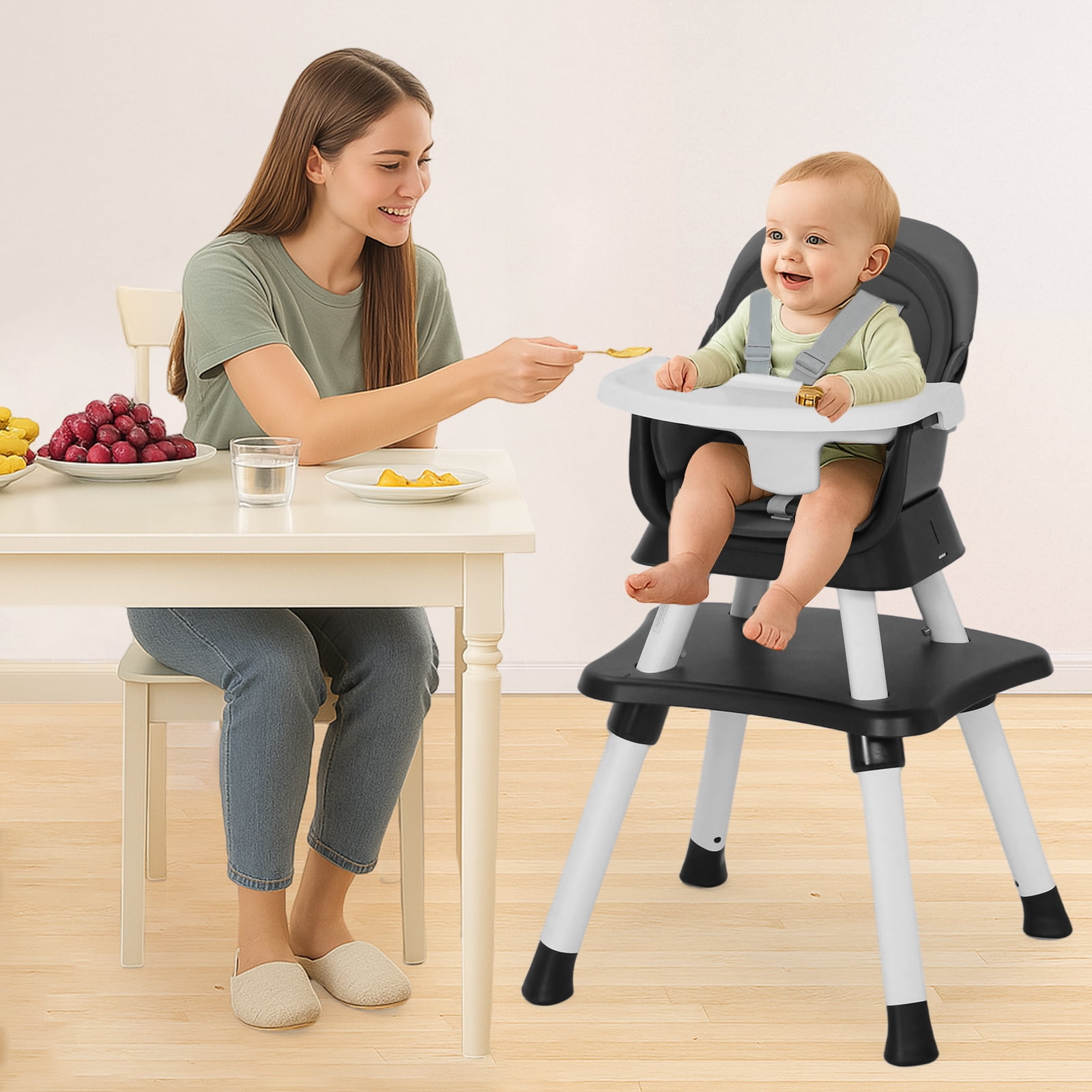 AILEEKISS 8-in-1 Baby High Chair, Toddler Booster Seat with Dishwasher-Safe Tray, Dark Grey