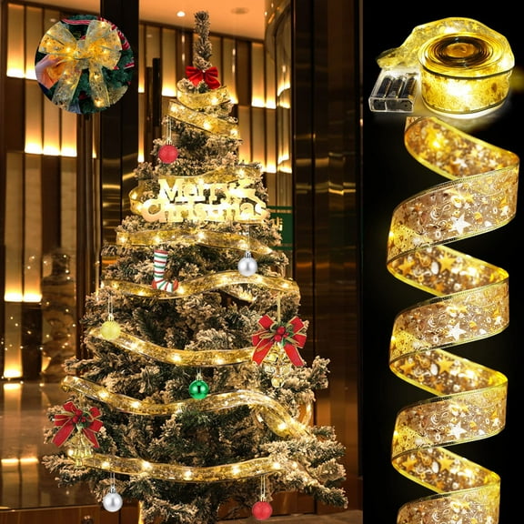Christmas Ribbon Lights 32.8ft/10m (2X16.4ft) 100 LED Lights Christmas Tree Xmas Lights Battery Operated Copper Wire Ribbon Bows Fairy String Lights for New Year Party Weddings Christmas Tree Decor