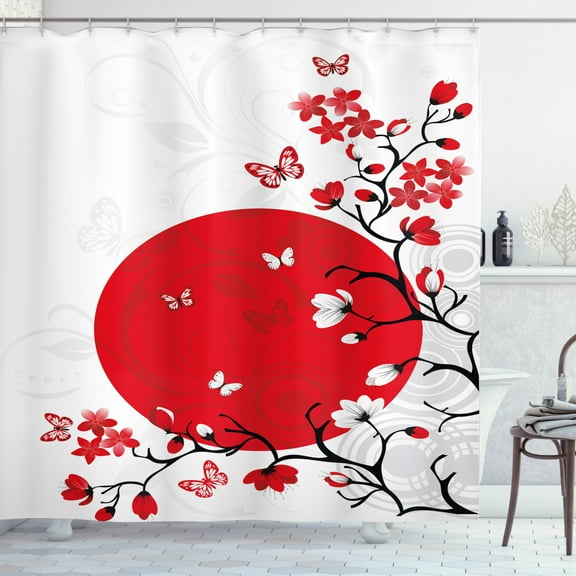 Ambesonne Japanese Shower Curtain, Cherry Sakura Trees, 69"Wx70"L, Vermilion Black White
