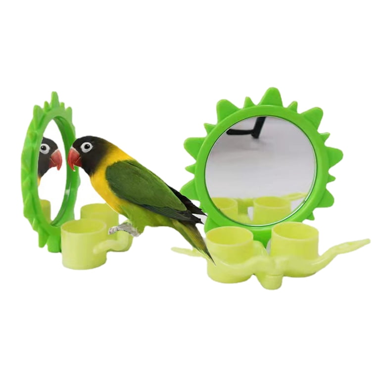 Parrot Mirror With Perch & Food Cups - Hanging Bird Cage Feeder With Easy Install