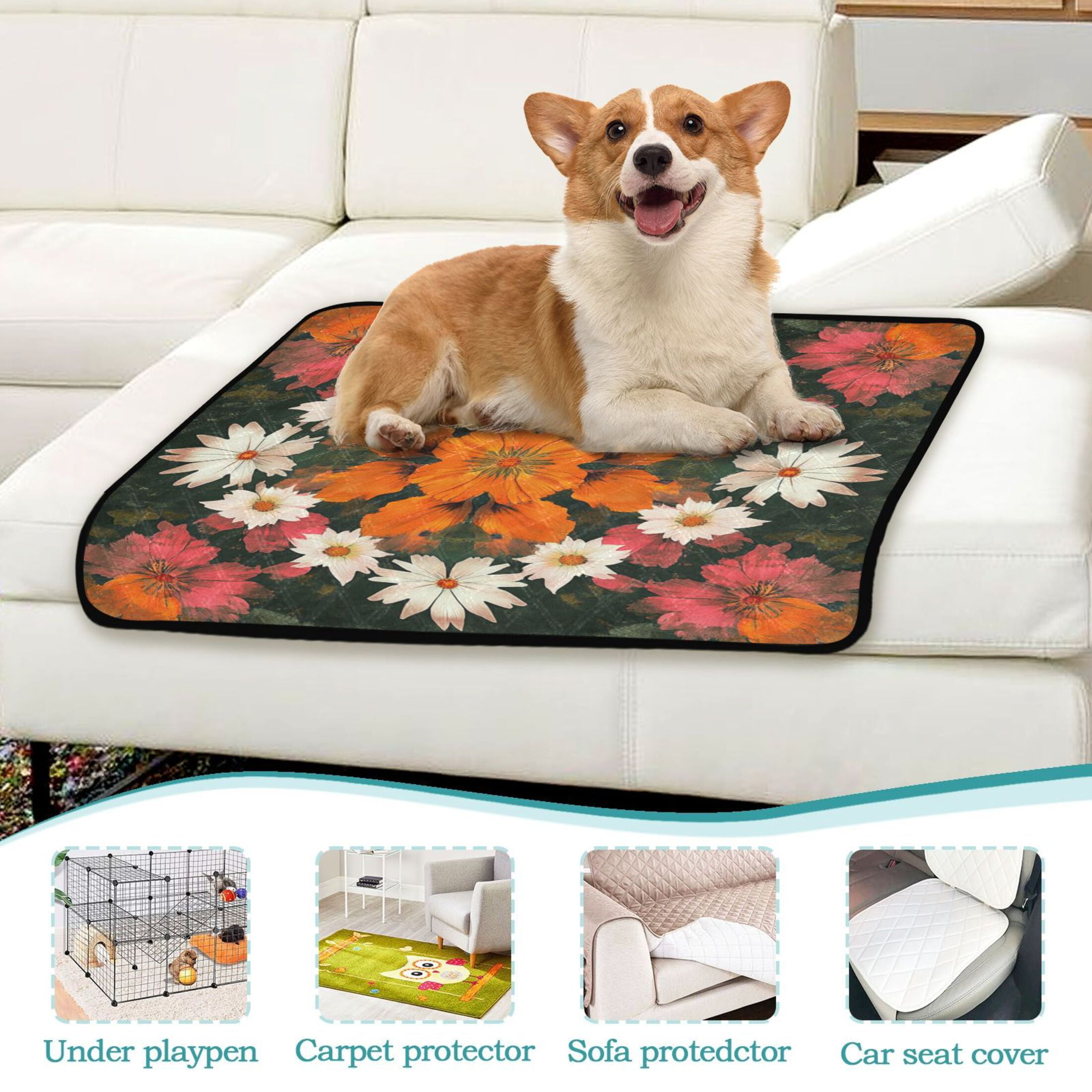 Qxltty Vintage Orange and White Flower Cat litter Pads Pet Set of 3 Diaper Mats Center Anti-leakage Layer Absorbent Soft and Comfortable