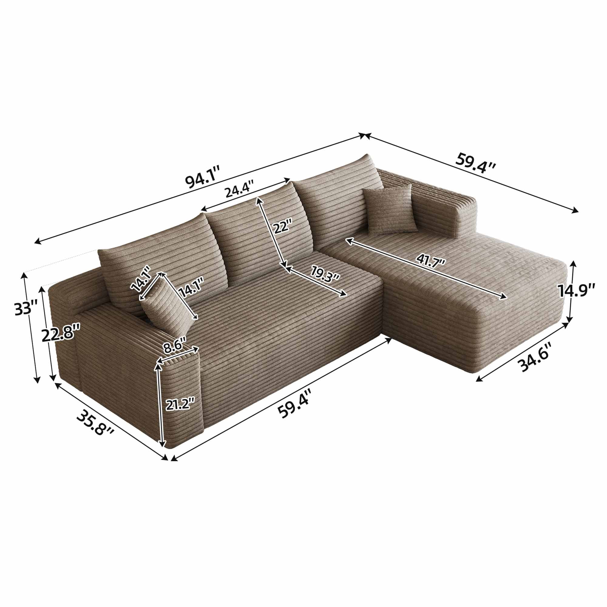 Lunale 95" L-Shaped Modular Sectional Sofa, No Assembly Required, Boneless Corduroy Cloud Couch for Living Room, Camel(Right Facing Chaise)