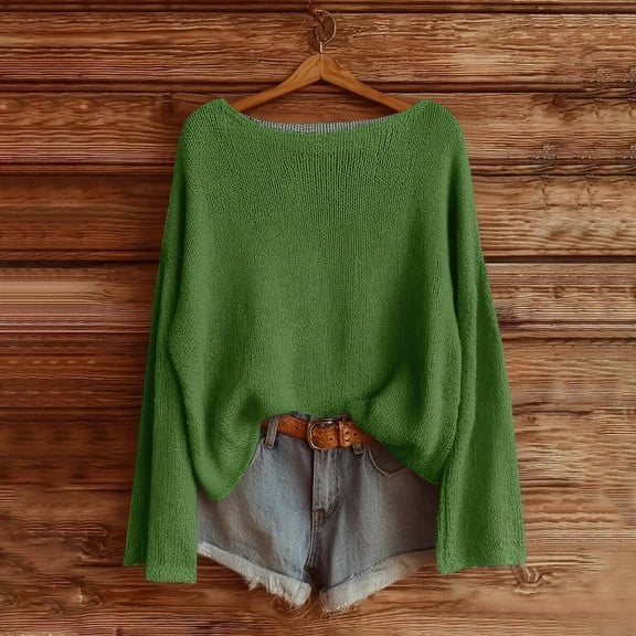 Tianiyouqing Lightweight Oversized Sweaters for Women Casual Crewneck Knit Shirts 2025 Fall Long Sleeve Loose Fit Pullover Tops Streetwear Outfits Green M