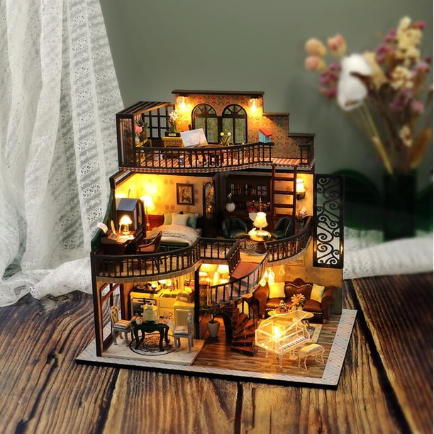 Wooden Doll House Miniature Building Kits Modern Loft With Furniture Casa Dollhouse Toys for Children Girls Birthday Gifts heqiyong LED