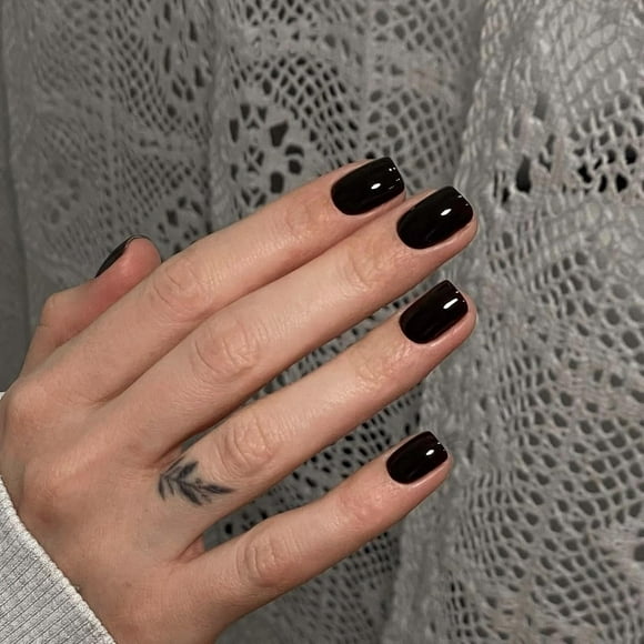 TRAHOO-Black Press on Nails Short Square, Short Fake Nails Glue on Short Square Nails Press ons, Soft Gel Glue on Nails Short Stick on Nails for Women Thick Solid Color Acrylic Nails 24pcs