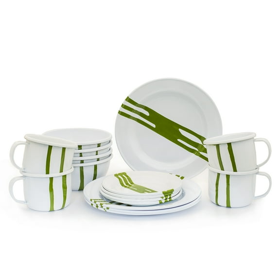Hand-Painted Enamelware Set of 16 Pieces - Green Abstract Design - Artesano Home Decor