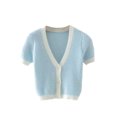 thumbnail image 1 of ZAXARRA Women Color Block Crop Top, Short Sleeve V-Neck Button Down Cardigan, 1 of 6