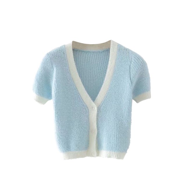 ZAXARRA Women Color Block Crop Top, Short Sleeve V-Neck Button Down Cardigan