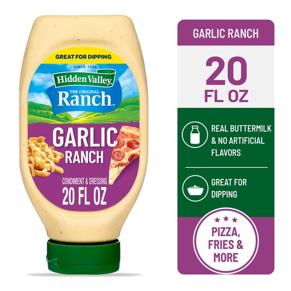 Hidden Valley Garlic Ranch Dip Sauce Condiment & Dressing, 20 fl oz Squeeze Bottle