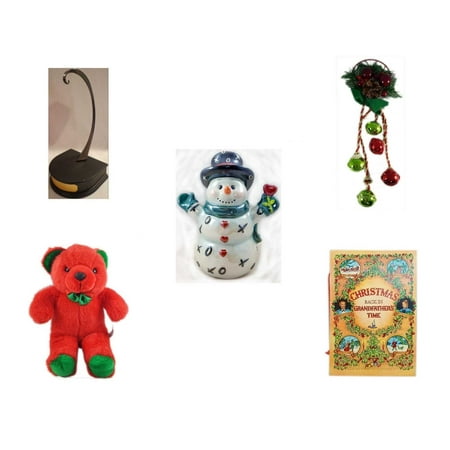 Christmas Fun Gift Bundle [5 Piece] - Hallmark Ornament Display Holder QXG4802 - Festive Holly Berry & Pinecone Door Knob Jingler - Westland Giftware XOX Love Snowman Figurine 6