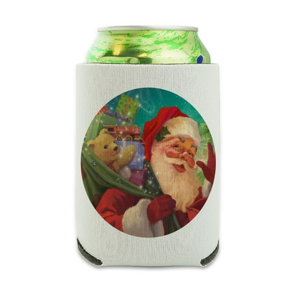 Christmas Holiday Jolly Happy Santa Claus Can Cooler - Drink Sleeve Hugger Collapsible Insulator - Beverage Insulated Holder