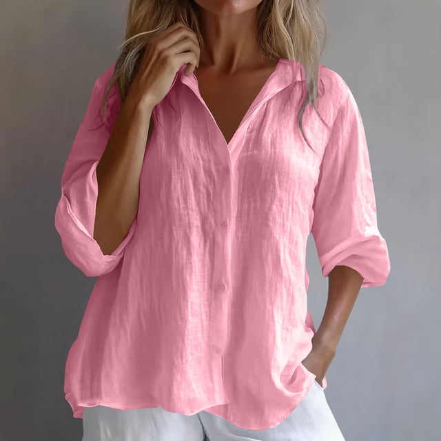 Roncen Womens Cotton Linen Tunic Shirts Button Down Long Sleeve Blouse Tops Beach Cover Up