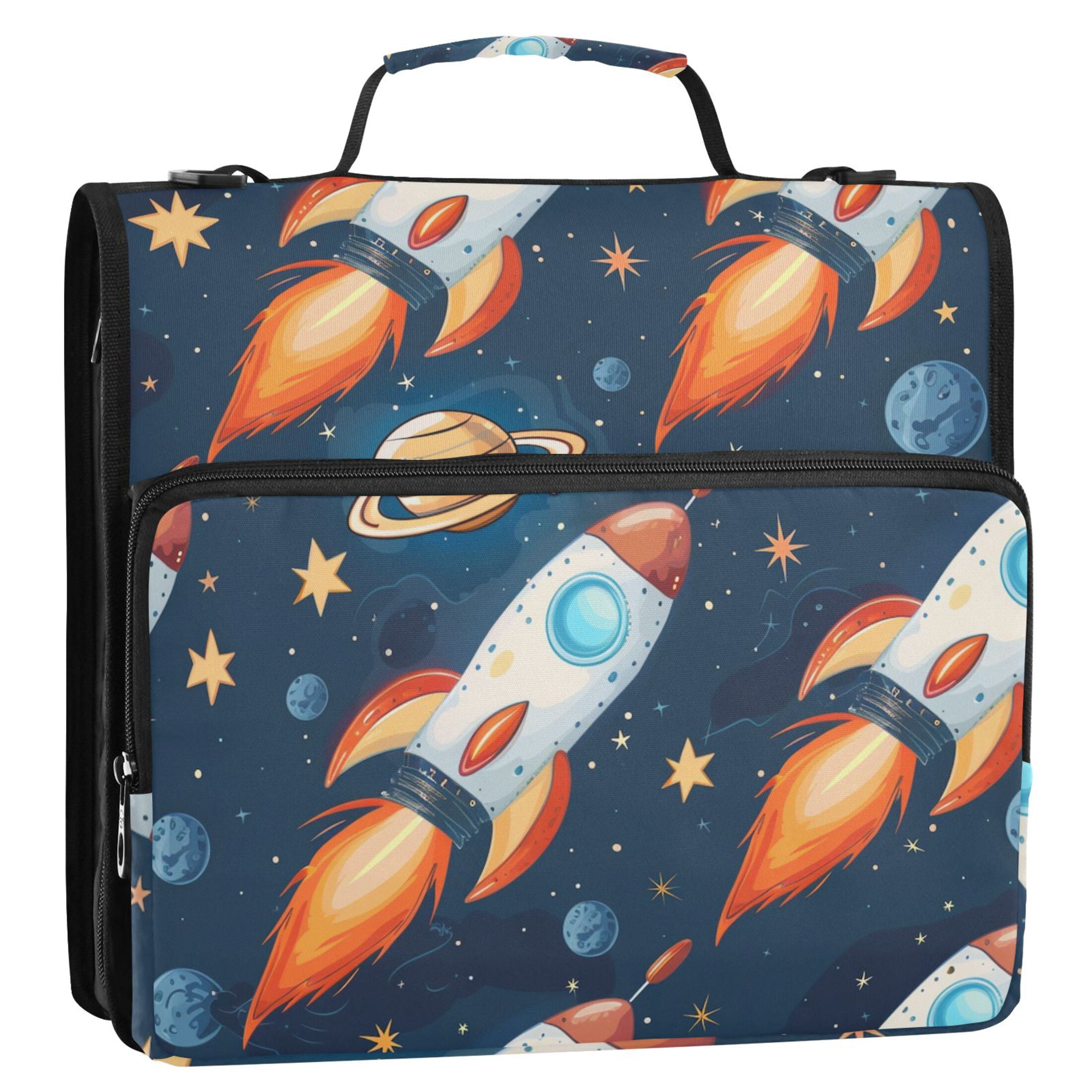 3 Ring Zipper Binder with Shoulder Strap Waterproof Trapper Keeper 2 Inch D-Ring 500 Sheets Capacity Cartoon Rocket Planet Star