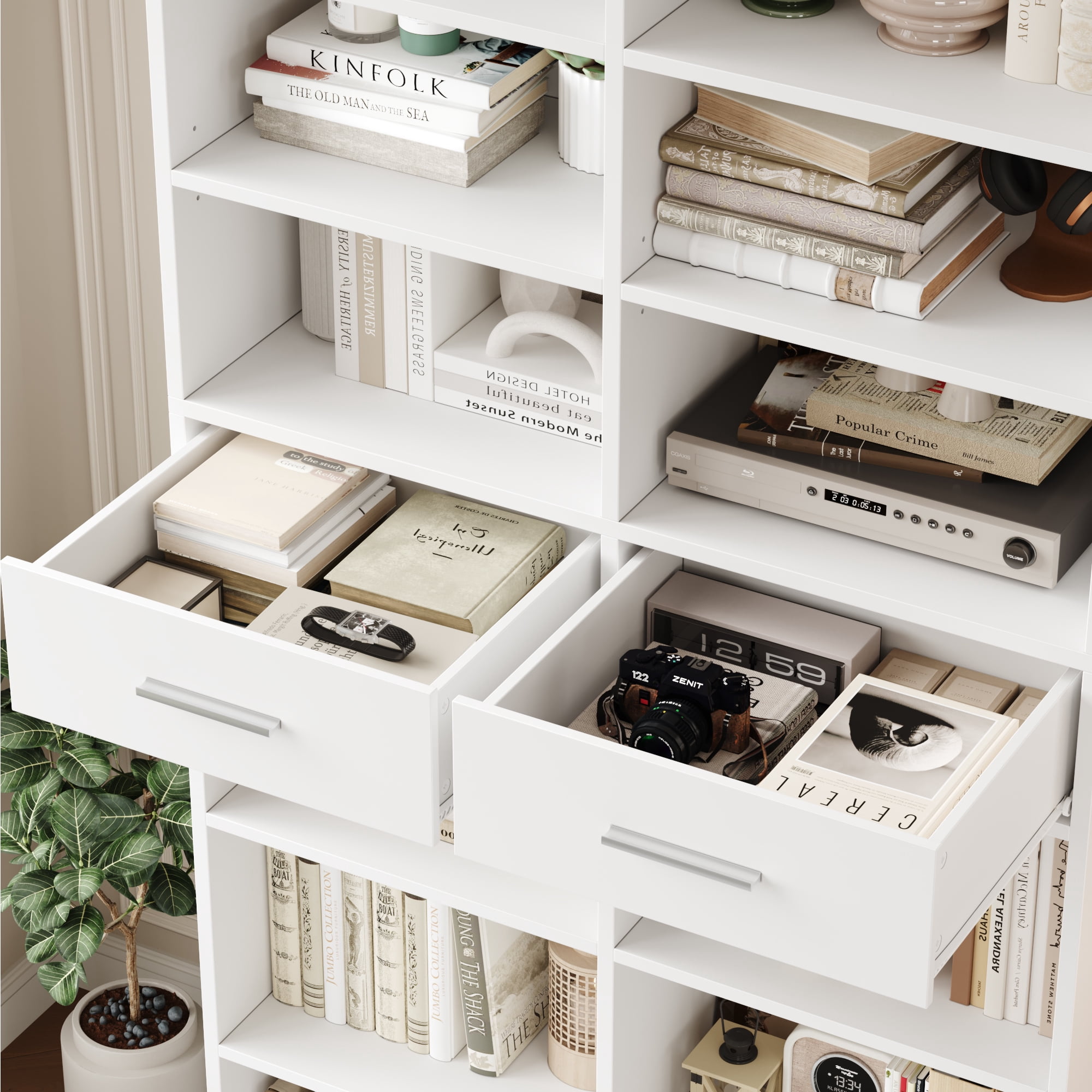 Homfa 7-Tier Bookcase with 2 Drawers, 72.8" H Double Wide Bookcase with 4 Adjustable Shelves for Study Office Living Room, White