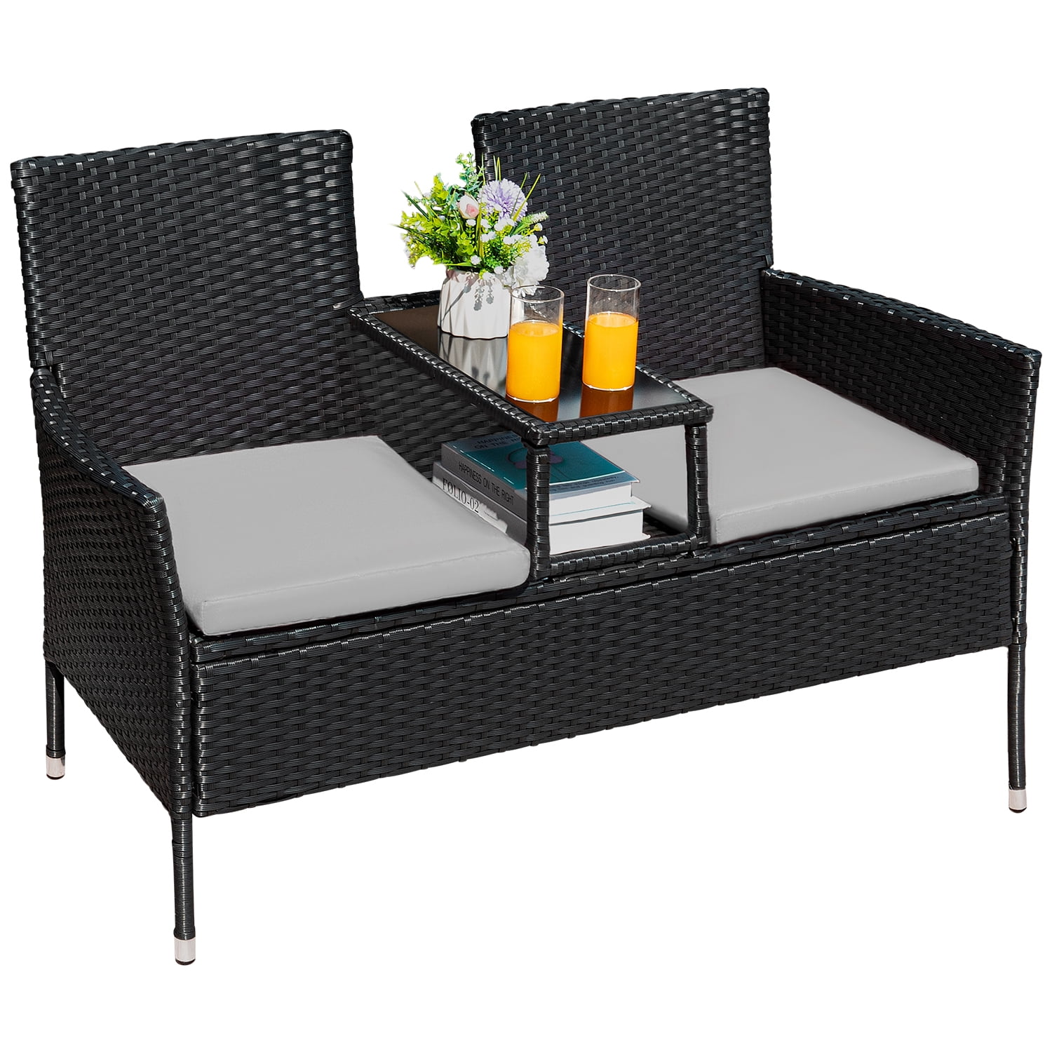 Devoko Outdoor Patio Loveseat Modern Rattan Patio Conversation Furniture Set with Cushions & Built-in Coffee Table Porch Furniture for Garden Lawn Backyard, Gray